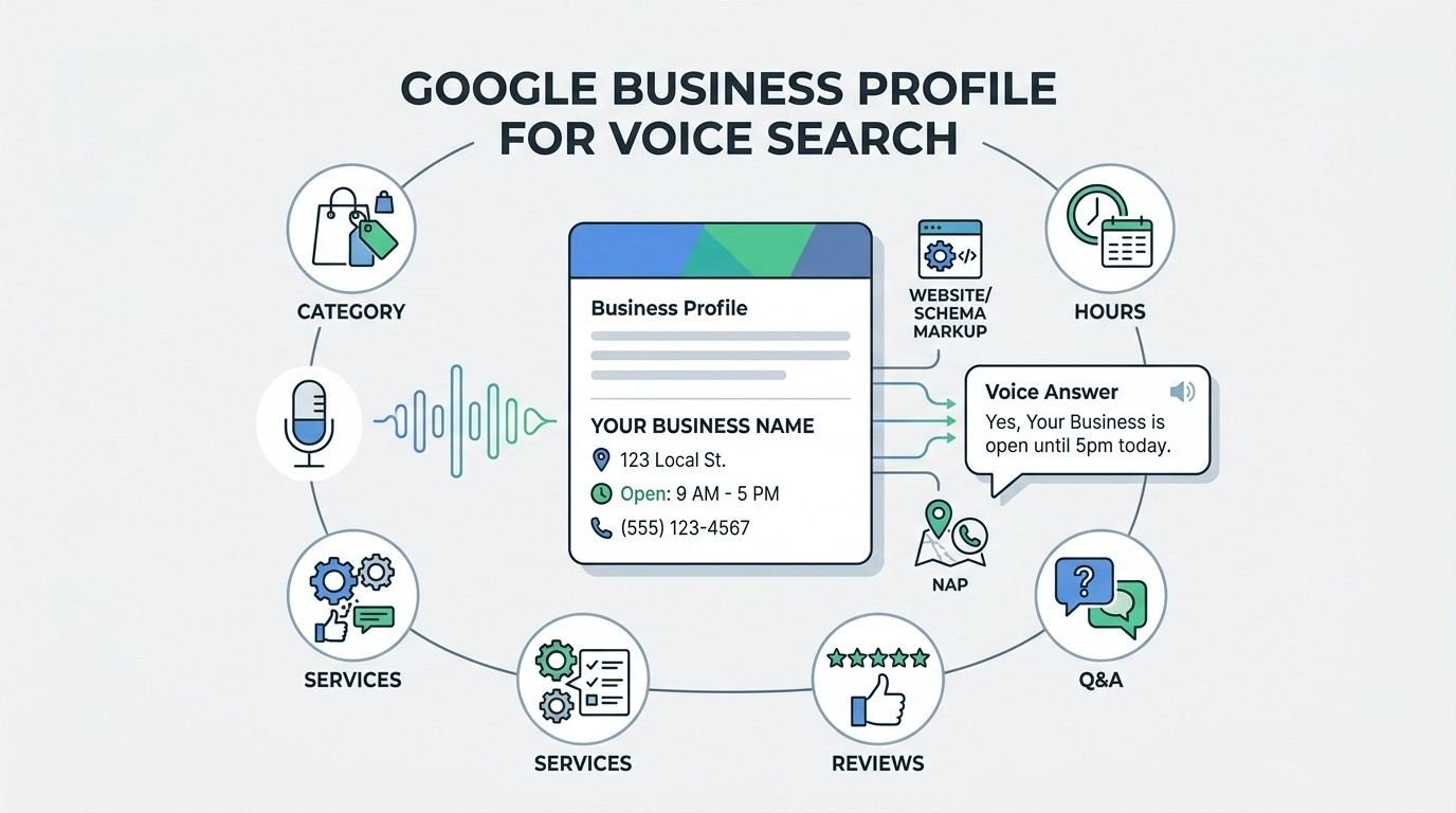 Infographic showing how to optimize a Google Business Profile for voice search using accurate business details, category, hours, services, reviews, Q&A, NAP consistency, and website schema markup.