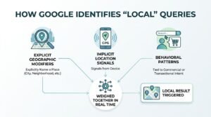 Infographic titled HOW GOOGLE IDENTIFIES 'LOCAL' QUERIES showing three core signals—Explicit Geographic Modifiers, Implicit Location Signals, and Behavioral Patterns—funneling into 'WEIGHED TOGETHER IN REAL TIME' to trigger a 'LOCAL RESULT TRIGGERED' map pack output