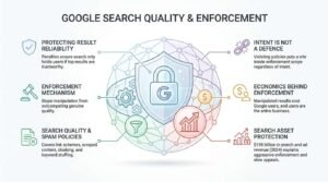 Google search quality and enforcement infographic explaining why penalties exist, highlighting result reliability, spam policy enforcement, business economics, and protecting search ad revenue.