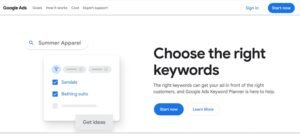 Google Ads Keyword Planner landing page hero section with the headline 'Choose the right keywords' alongside an interactive UI preview demonstrating keyword selection for summer apparel.