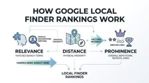 Infographic titled HOW GOOGLE LOCAL FINDER RANKINGS WORK illustrating three ranking pillars: RELEVANCE (matches search terms, carries more weight here), DISTANCE (physical proximity), and PROMINENCE (overall reputation, reviews, links), showing how these factors interact to determine Local Finder Rankings.