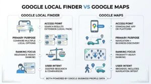 Infographic titled GOOGLE LOCAL FINDER VS GOOGLE MAPS comparing Google Local Finder and Google Maps across four dimensions: Access Point, Primary Purpose, Ranking Focus, and User Intent, noting that both are powered by Google Business Profile data.