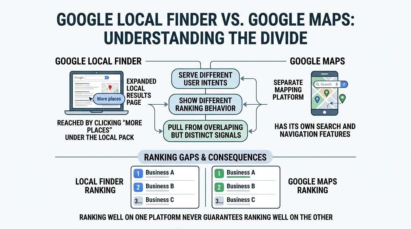 Infographic titled GOOGLE LOCAL FINDER VS. GOOGLE MAPS: UNDERSTANDING THE DIVIDE contrasting Google Local Finder on a laptop and Google Maps on a smartphone across three shared differences: Serve Different User Intents, Show Different Ranking Behavior, and Pull From Overlapping But Distinct Signals, alongside a comparison of Local Finder Ranking versus Google Maps Ranking demonstrating that ranking well on one never guarantees ranking on the other.