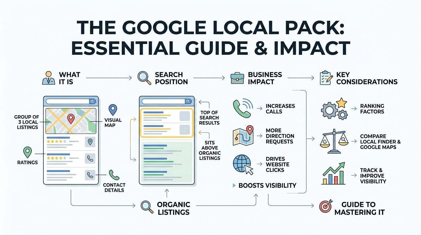 Infographic titled THE GOOGLE LOCAL PACK: ESSENTIAL GUIDE & IMPACT detailing four stages: WHAT IT IS showing a Group of 3 Local Listings with a visual map, ratings, and contact details; SEARCH POSITION showing it sits at the top of search results above organic listings; BUSINESS IMPACT showing increases calls, more direction requests, drives website clicks, and boosts visibility; and KEY CONSIDERATIONS covering ranking factors, comparing Local Finder & Google Maps, and tracking visibility, culminating in a Guide to Mastering It.