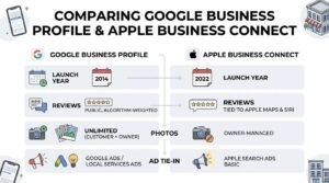 Infographic titled COMPARING GOOGLE BUSINESS PROFILE & APPLE BUSINESS CONNECT contrasting Google Business Profile (launched 2014, public algorithm-weighted reviews, unlimited customer and owner photos, Google Ads / Local Services Ads tie-in) with Apple Business Connect (launched 2022, reviews tied to Apple Maps & Siri, owner-managed photos, Apple Search Ads basic ad tie-in) across four comparative rows.