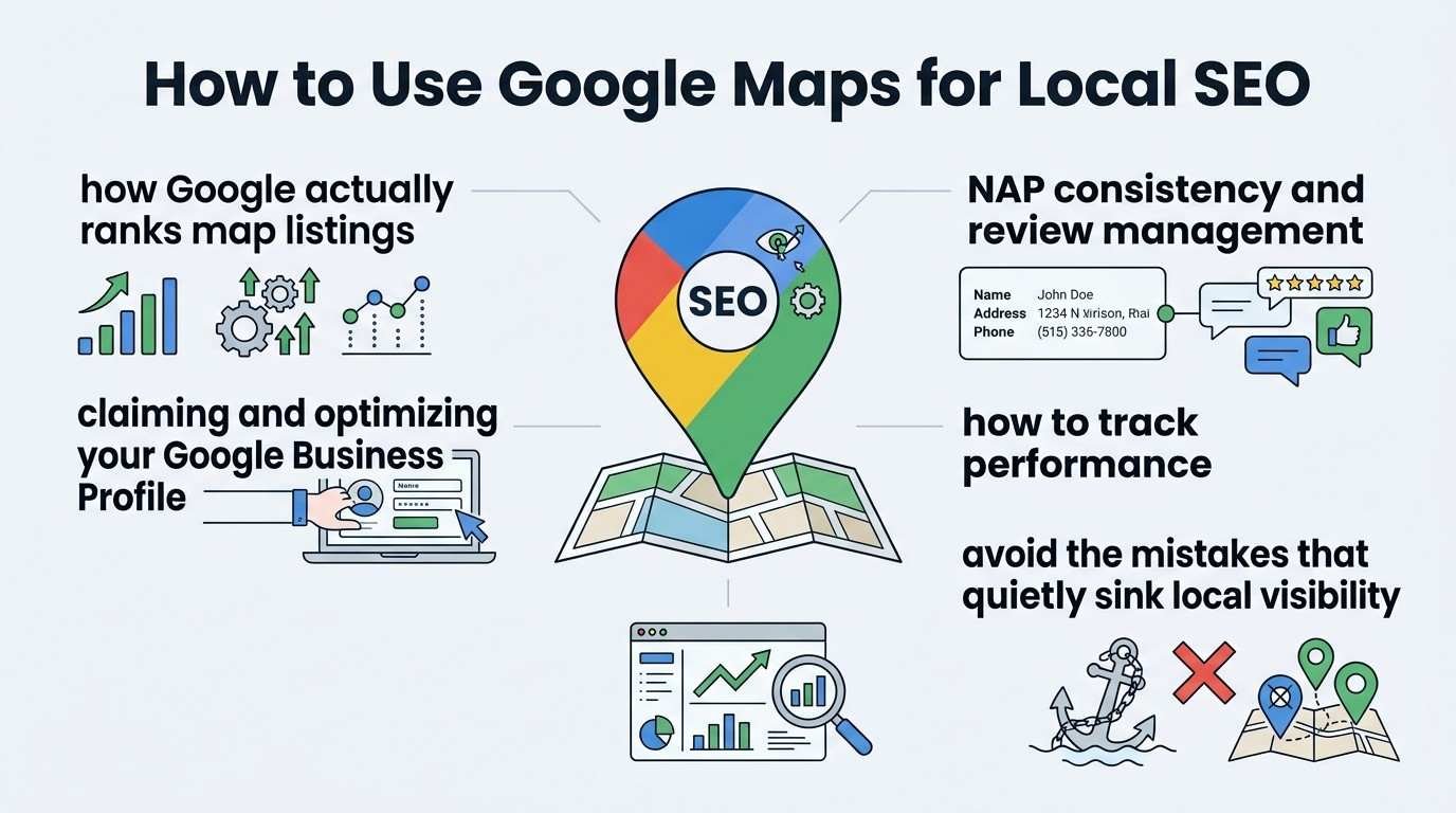 Infographic titled How to Use Google Maps for Local SEO detailing five tactical modules: how Google actually ranks map listings, claiming and optimizing your Google Business Profile, NAP consistency and review management, how to track performance, and avoiding mistakes that sink local visibility around a central multi-colored Google Maps pin stamped with SEO.