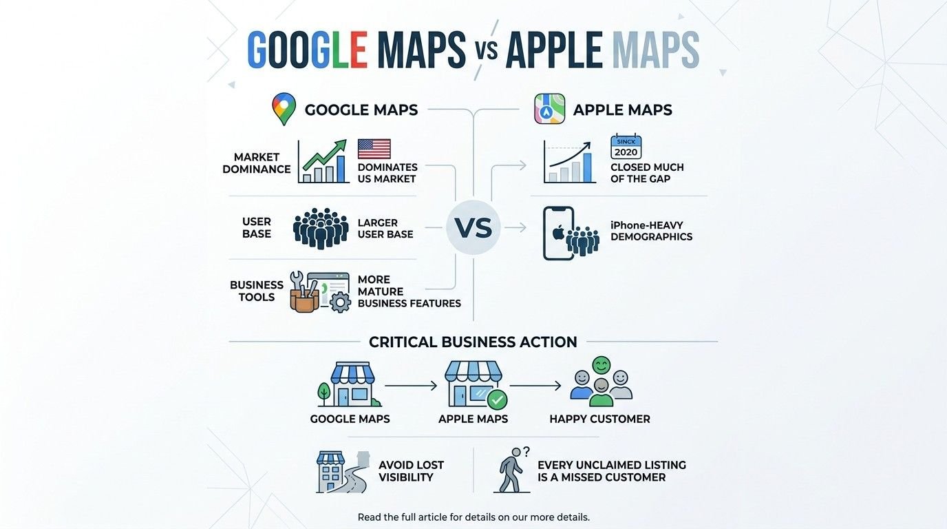 Infographic titled GOOGLE MAPS VS APPLE MAPS comparing market dominance, user base, and business tools between Google Maps and Apple Maps, highlighting critical business action to claim listings across both platforms to create happy customers and avoid lost visibility.