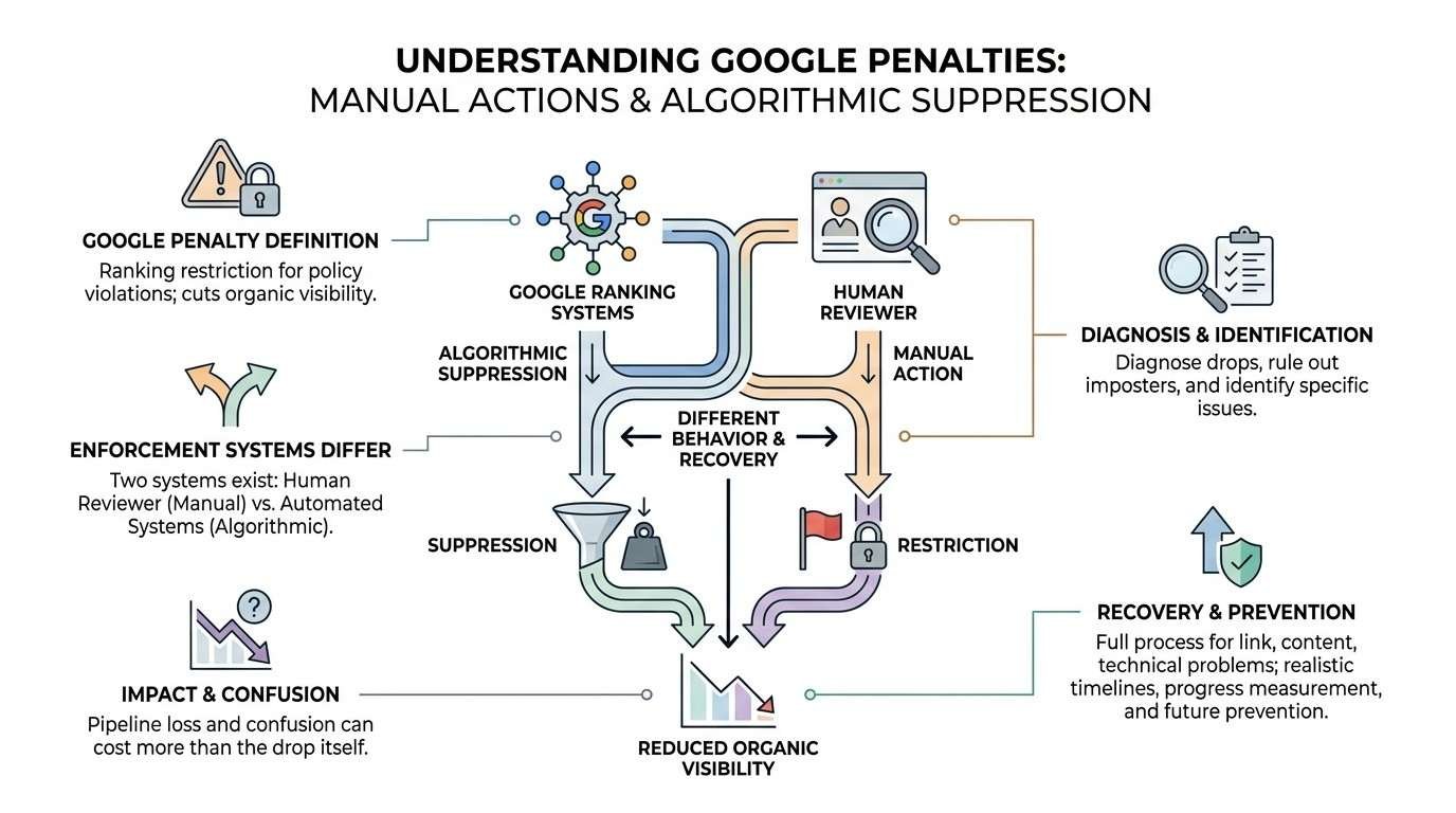 Understanding Google penalties infographic comparing manual actions from human reviewers with algorithmic suppression from ranking systems, detailing their distinct enforcement, diagnosis, and recovery processes.