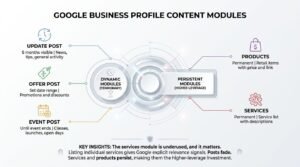 Google Business Profile content modules infographic comparing temporary dynamic modules—update, offer, and event posts—with high-leverage persistent modules like products and services.