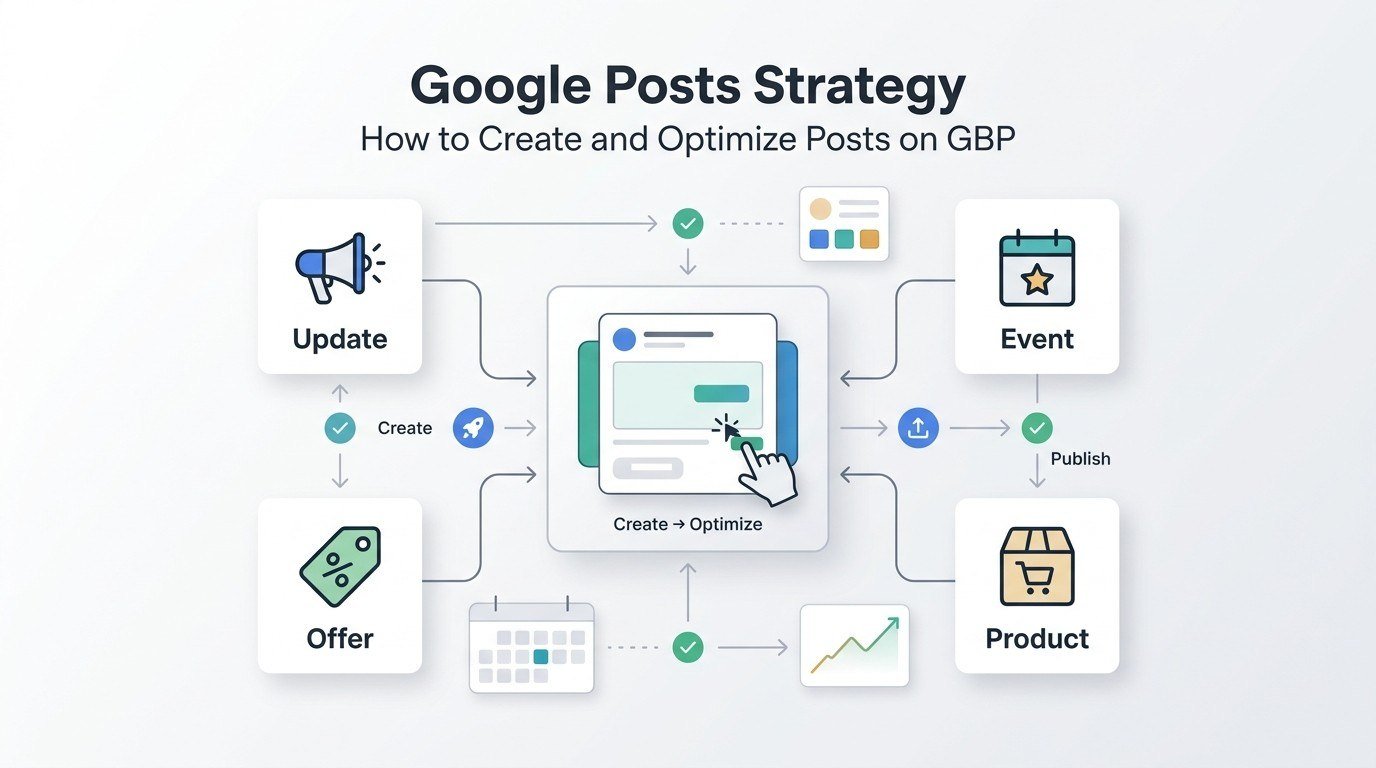 Infographic showing a Google Business Profile Posts strategy with four post types—Update, Offer, Event, and Product—connected to a create, optimize, and publish workflow.