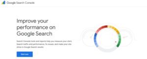 Google Search Console landing page hero section featuring the headline 'Improve your performance on Google Search', a blue 'Start now' button, and an illustration of performance dials and a multi-colored gauge meter.