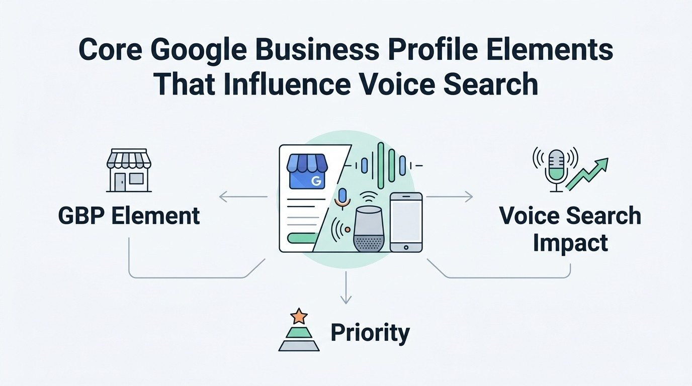 Infographic illustrating core Google Business Profile elements that influence voice search, connecting GBP information with voice search impact and priority.