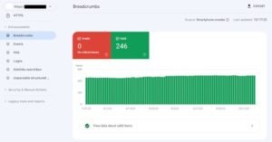 Google Search Console Breadcrumbs enhancement report showing 0 invalid issues and 246 valid structured data items tracked across a green vertical bar timeline.