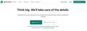 Grammarly homepage hero section titled 'Think big. We'll take care of the details.' featuring free signup buttons and an AI writing partner value proposition.