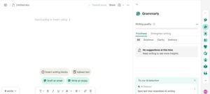 Grammarly web editor workspace showing an Untitled doc with quick-start action pills alongside an active writing quality assistant sidebar featuring an AI detector callout.