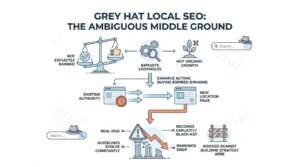 Infographic titled GREY HAT LOCAL SEO: THE AMBIGUOUS MIDDLE GROUND showing how exploiting loopholes balances between Not Explicitly Banned and Not Organic Growth, illustrated by buying expired domains with existing authority to power a new location page, leading to risks where guidelines evolve, tactics become explicitly black hat, and rankings drop, with a warning advising against building strategy here.