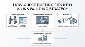 Infographic illustrating How Guest Posting Fits into a Link Building Strategy, demonstrating how Guest Posting (for relationships and topical relevance), Resource Link Building (for consistent link volume), and Digital PR (for high-authority visibility spikes) converge to produce a diversified, healthy, and natural backlink profile.