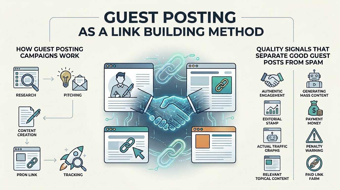 Infographic showing guest posting as a link-building method, including research, pitching, content creation, link placement, and tracking, with quality signals such as authentic engagement, editorial standards, real traffic, and relevant topical content.