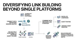 Infographic titled DIVERSIFYING LINK BUILDING BEYOND SINGLE PLATFORMS illustrating a multi-channel link earning framework. It shows Journalist Request Platforms (HARO, Qwoted, SourceBottle) connecting with reporters seeking quotes and using multiple platforms to scale expert source citations in articles, which feeds into a step to Combine with Broader Link Strategy (Digital PR Campaigns, Guest Posting, Linkable Asset Creation) to build a Resilient Backlink Profile that protects against algorithm shifts.