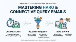 Infographic titled MASTERING HARO & CONNECTIVE QUERY EMAILS (subtitled Modern Professional Editorial Infographic) outlining a three-stage linear workflow: 1. Query Batches (stopwatch with open email; 3 daily windows: Morning, Midday, Evening), 2. Relevant Requests (funnel filtering incoming email queries down to a lightbulb with a dollar sign; select right categories, see industry requests in finance, health, etc.), and 3. Read & Pitch (specialist reviewing checklist and using magnifying glass with an outgoing pitch email; read full requirements, send good pitches), supported by a reminder to check regularly to avoid missed deadlines.