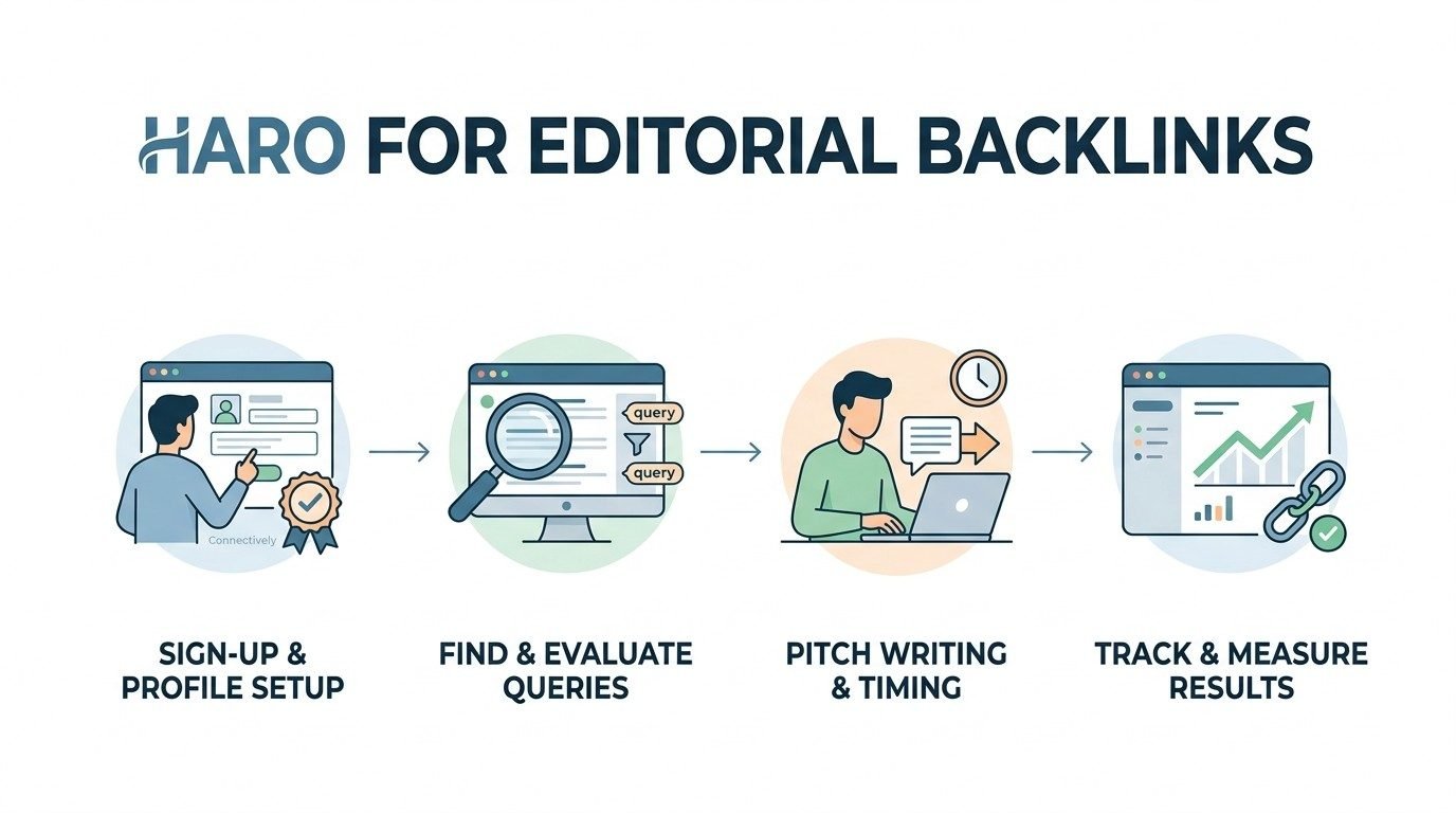 Infographic titled HARO FOR EDITORIAL BACKLINKS showing a four-step linear workflow: 1. Sign-Up & Profile Setup (user setting up profile with a Connectively badge), 2. Find & Evaluate Queries (computer screen filtering query alerts with a magnifying glass), 3. Pitch Writing & Timing (source writing a pitch on a laptop with a clock and email icon), and 4. Track & Measure Results (analytics dashboard with growth graph, referring chain link, and green checkmark).
