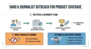 Infographic titled HARO & JOURNALIST OUTREACH FOR PRODUCT COVERAGE outlining The Pitch & Authority Flow (pitch expertise or data, connect with in-progress story, earn high-authority links leading to commercial pages). The bottom panels contrast What Journalists Ignore (sales angles and product listings) against Pitching as an Expert Source (position the person behind the product, quotable authority).