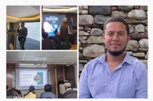 Photo collage featuring SEO expert Hafizar Rahman, showing a close-up outdoor portrait alongside three event photos of him presenting at SEO conferences and workshops.