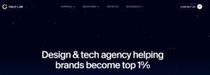 Screenshot of the Halo Lab homepage featuring the headline 'Design & tech agency helping brands become top 1%' set against a dark starry cosmic night-sky background with a pill-shaped Contact Us button.