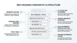 SEO heading hierarchy and structure infographic showing a nested page outline from H1 to H3, illustrating best practices for semantic organization, passage-level indexing, H1 and title tag alignment, and People Also Ask optimization.