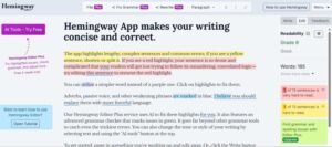 Hemingway App web editor interface displaying live color-coded sentence highlights, Grade 8 readability score, word count, and sentence complexity analytics.