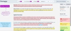 Hemingway Editor interface analyzing a custom article draft, scoring a Grade 13 readability level with 16 very hard to read sentences identified in red.
