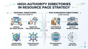 Infographic titled HIGH-AUTHORITY DIRECTORIES IN RESOURCE PAGE STRATEGY contrasting Editorial Directories (High-Authority) on the left with Paid Submission Directories (Low-Value) on the right. Editorial directories rely on Manual Editorial Review, Selective Inclusion Criteria, Established Domain Trust, and Concentrated Link Equity. Paid directories rely on Automated & Paid Listings, Accept Nearly Anyone, Indiscriminate Linking, and Dilute Link Equity.
