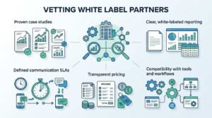 Infographic titled Vetting White Label Partners outlining five agency evaluation criteria: proven case studies, white-labeled reporting, communication SLAs, transparent pricing, and tool compatibility.