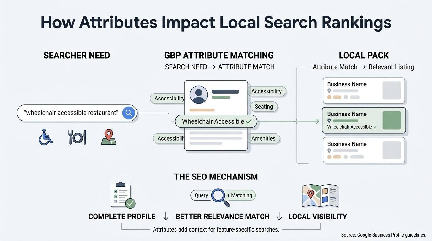 Infographic explaining how Google Business Profile attributes can support local search relevance, showing the path from searcher needs to attribute matching, relevant listings, and local visibility.