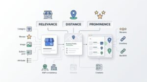 Infographic showing how Google Business Profile affects Local Pack and Google Maps rankings through relevance, distance, and prominence, with category, reviews, images, posts, attributes, NAP consistency, citations, directories, and backlinks contributing to local visibility.