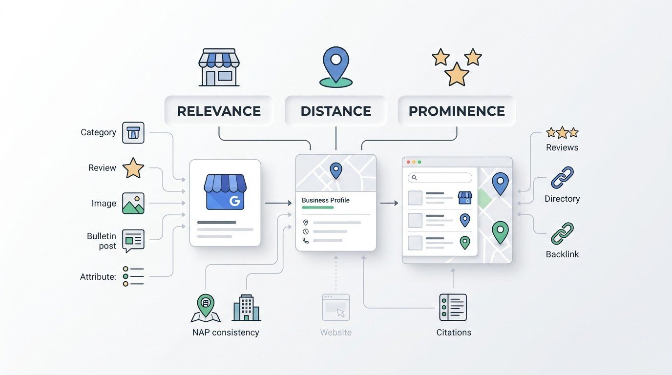 Infographic showing how Google Business Profile affects Local Pack and Google Maps rankings through relevance, distance, and prominence, with category, reviews, images, posts, attributes, NAP consistency, citations, directories, and backlinks contributing to local visibility.