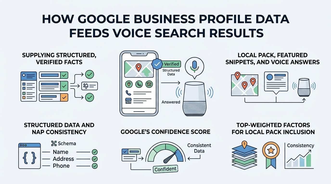 Infographic showing how Google Business Profile data feeds voice search results through verified business information, structured data, NAP consistency, Google confidence signals, and local pack factors.