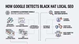 Infographic titled HOW GOOGLE DETECTS BLACK HAT LOCAL SEO comparing Automated Algorithmic Signals Machine Learning Systems (unnatural link velocity, typical customer behavior, multiple location pages, NAP inconsistencies cross-referenced at massive scale) with Manual Review and User Reports (flagged accounts, competitor spam reports, user-submitted complaints identifying a pattern of violations).