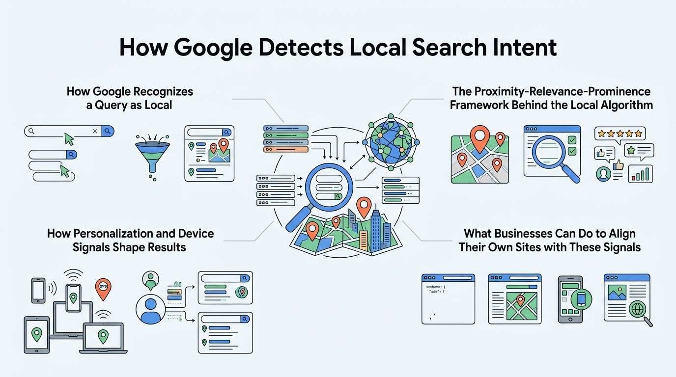 Infographic titled How Google Detects Local Search Intent illustrating How Google Recognizes a Query as Local, The Proximity-Relevance-Prominence Framework Behind the Local Algorithm, How Personalization and Device Signals Shape Results, and What Businesses Can Do to Align Their Own Sites with These Signals around a central server data and urban map hub.