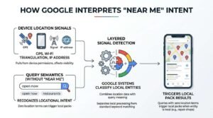 Infographic titled HOW GOOGLE INTERPRETS 'NEAR ME' INTENT showing Device Location Signals and Query Semantics Without Near Me feeding into Layered Signal Detection where Google Systems Classify Local Entities to Trigger Local Pack Results on a smartphone.