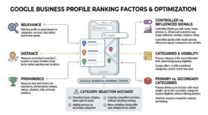 Google Business Profile ranking factors and optimization infographic detailing relevance, distance, prominence, controlled versus influenced signals, and category selection best practices.