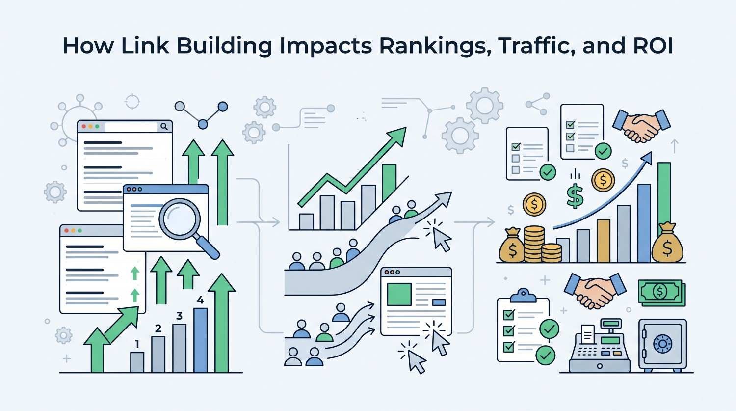 Infographic illustrating how link building can influence SEO outcomes through three stages: improved search rankings, increased organic traffic and engagement, and potential business ROI and revenue growth.