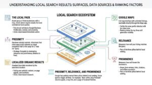 Infographic explaining how local search results work, showing the local search ecosystem layers—Local Pack, Google Maps, and localized organic results—alongside ranking factors: proximity, relevance, and prominence.