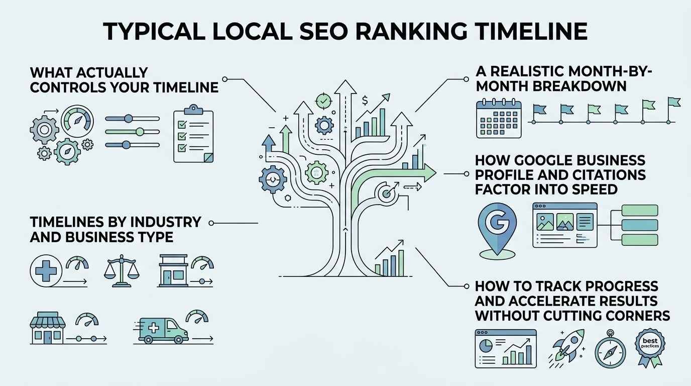 Infographic titled TYPICAL LOCAL SEO RANKING TIMELINE outlining what controls timelines, month-by-month breakdowns, industry variance, GBP citation speed, and safe progress acceleration around a central upward-branching growth tree.