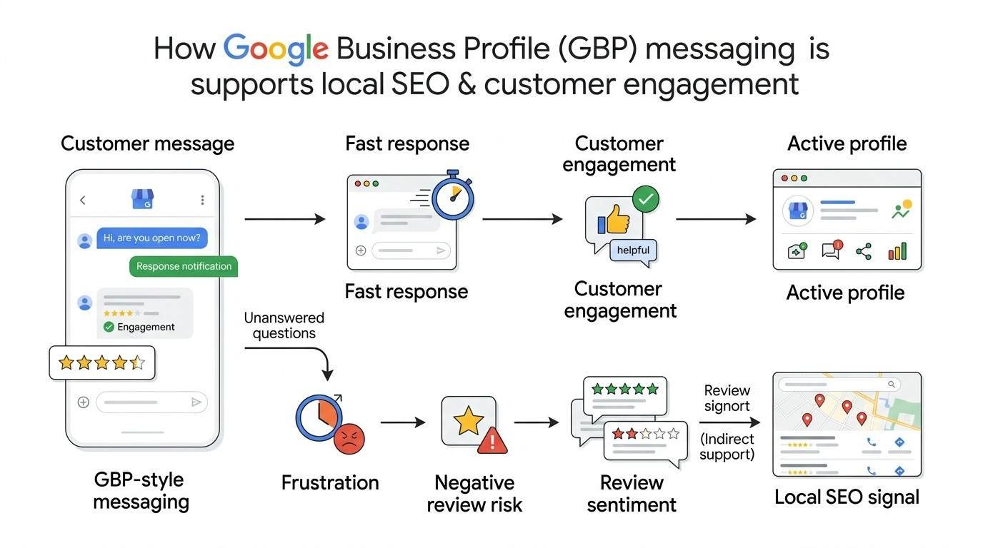 Infographic showing how Google Business Profile messaging supports customer engagement and local SEO, from customer messages and fast responses to ongoing engagement, review sentiment, and local search visibility.