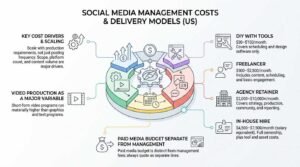 Social media management costs and delivery models infographic breaking down four primary execution tiers—DIY tools, freelancers, agencies, and in-house hires—alongside cost drivers like video production and paid media separation.
