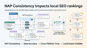 Infographic showing how NAP consistency in business name, address, and phone data across websites and citations supports data accuracy, cross-platform trust, and local search visibility.