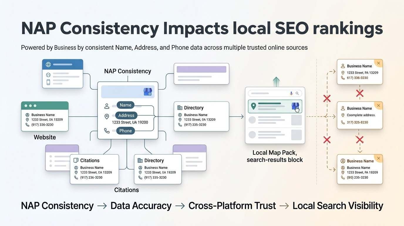 Infographic showing how NAP consistency in business name, address, and phone data across websites and citations supports data accuracy, cross-platform trust, and local search visibility.