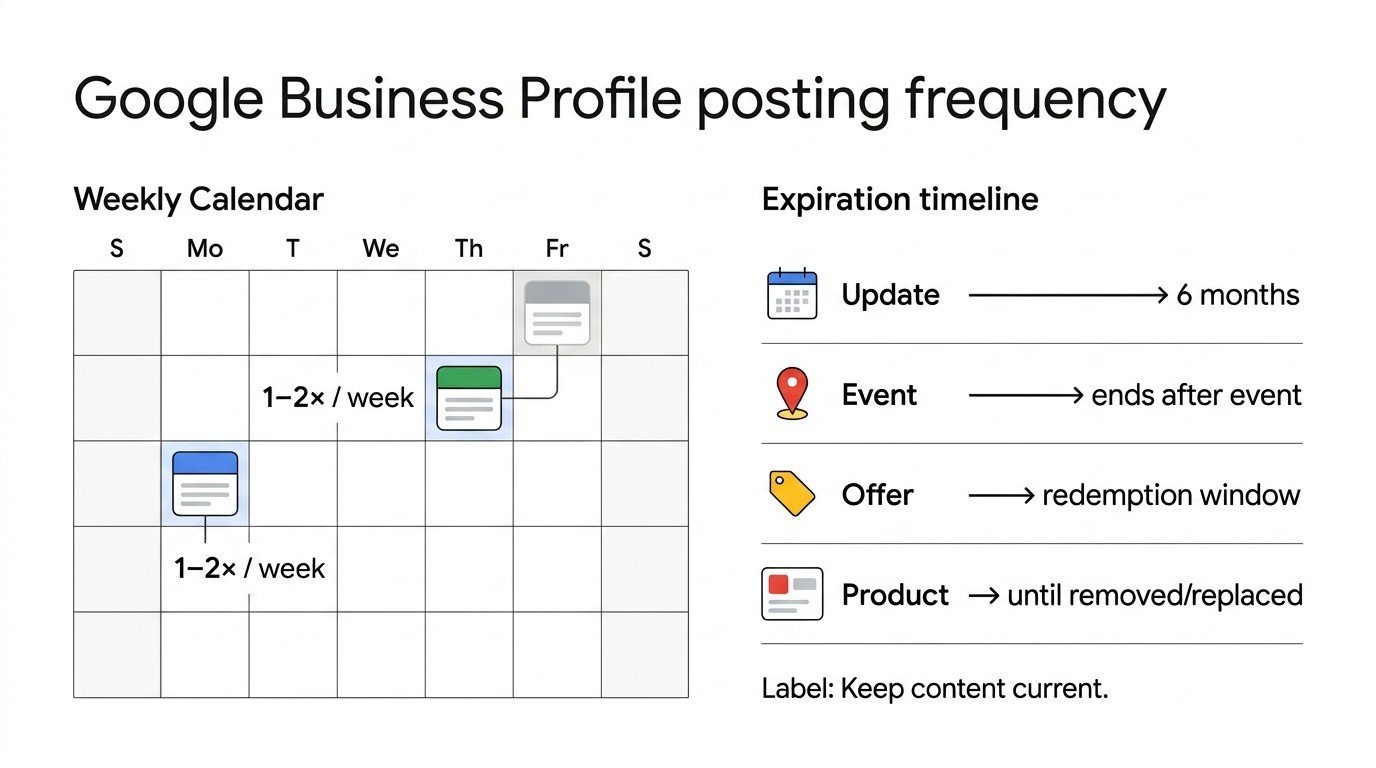 Infographic showing Google Business Profile posting frequency, with a suggested 1–2 posts per week and expiration timelines for Update, Event, Offer, and Product posts.