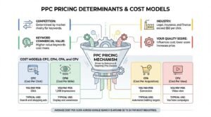 PPC pricing determinants and cost models infographic showing factors like competition, industry, commercial value, and Quality Score feeding into a pricing mechanism funnel, mapped to CPC, CPM, CPA, and CPV billing models.